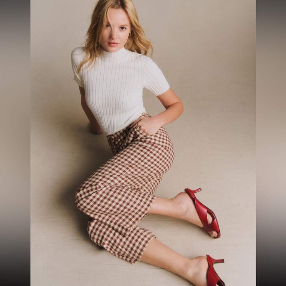 Sezane Martin Crop Trousers Brown Gingham/ Ecru - Size 4 / 36